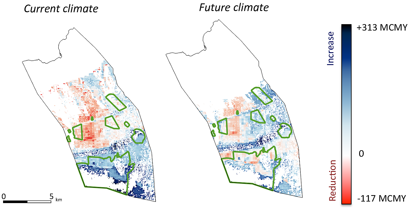 Figure 12: Marginal objective score map showing th impact of restoration on groundwater recharge in Pu‘u Wa‘awa‘a. The green contours overlayed outline the enclosure areas (Wada et al. 2017, in review)