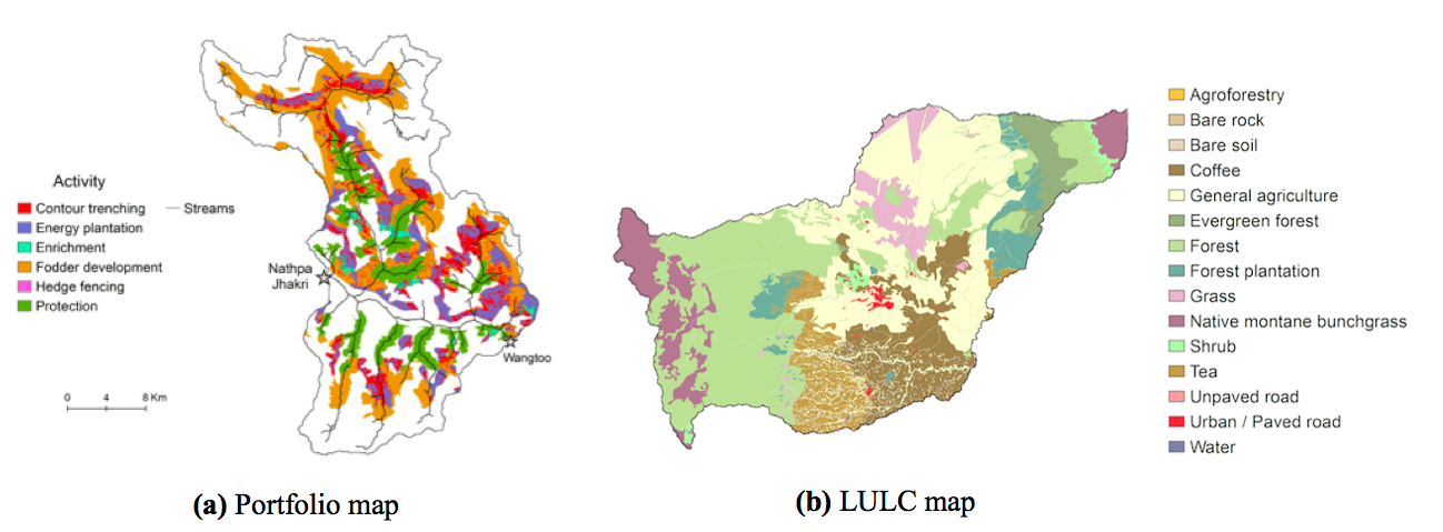 Figure 11: Portfolio and land cover maps: (a) a portfolio map of the Nathpa Jhakri catchment (Vogl et al. 2014) and (b) a many-classes LULC color scheme (Courtesy Stacie Wolny)